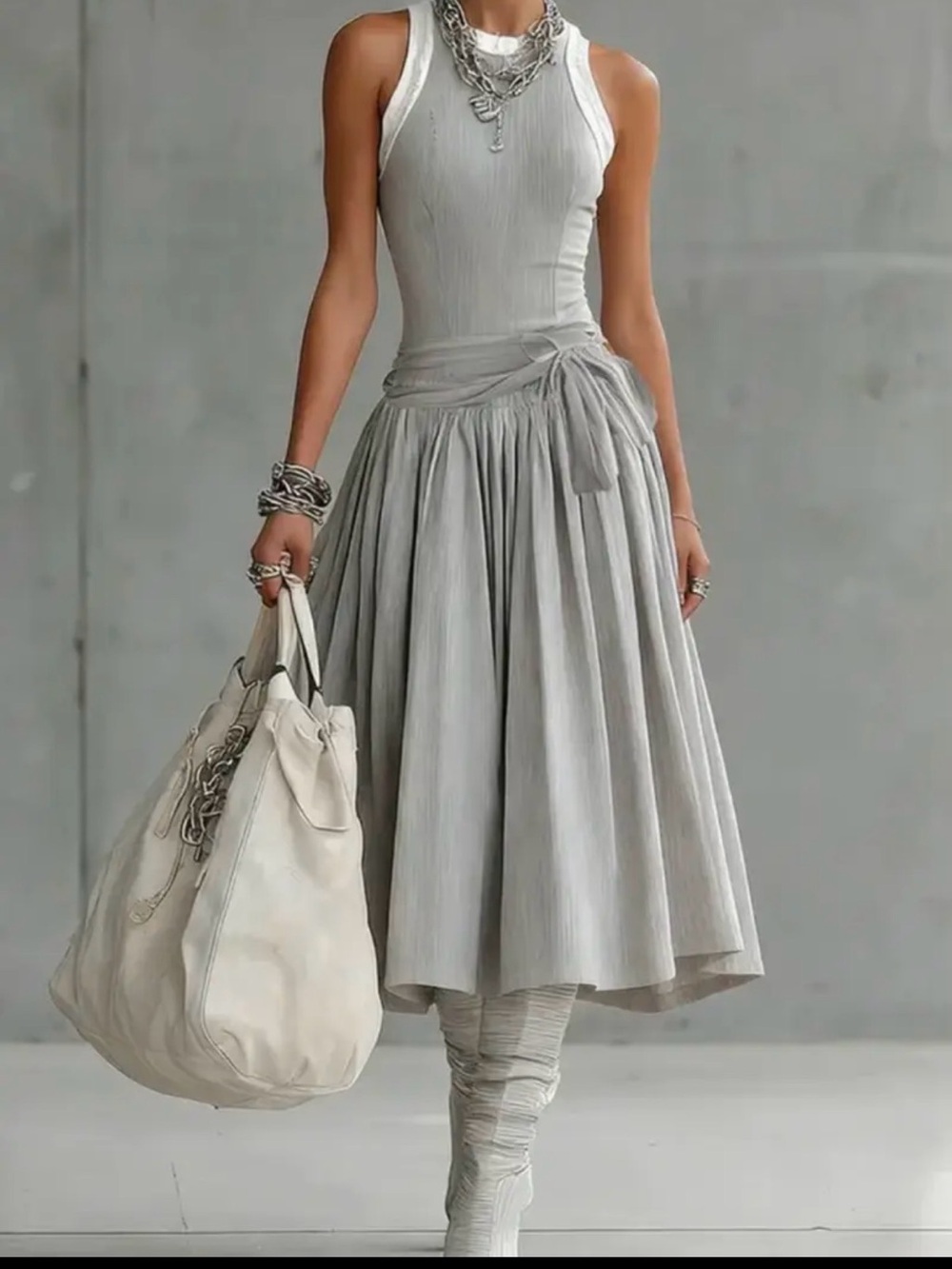 Sleeveless Grey Pleated Midi Skirt Dress with Waist Tie. NEW